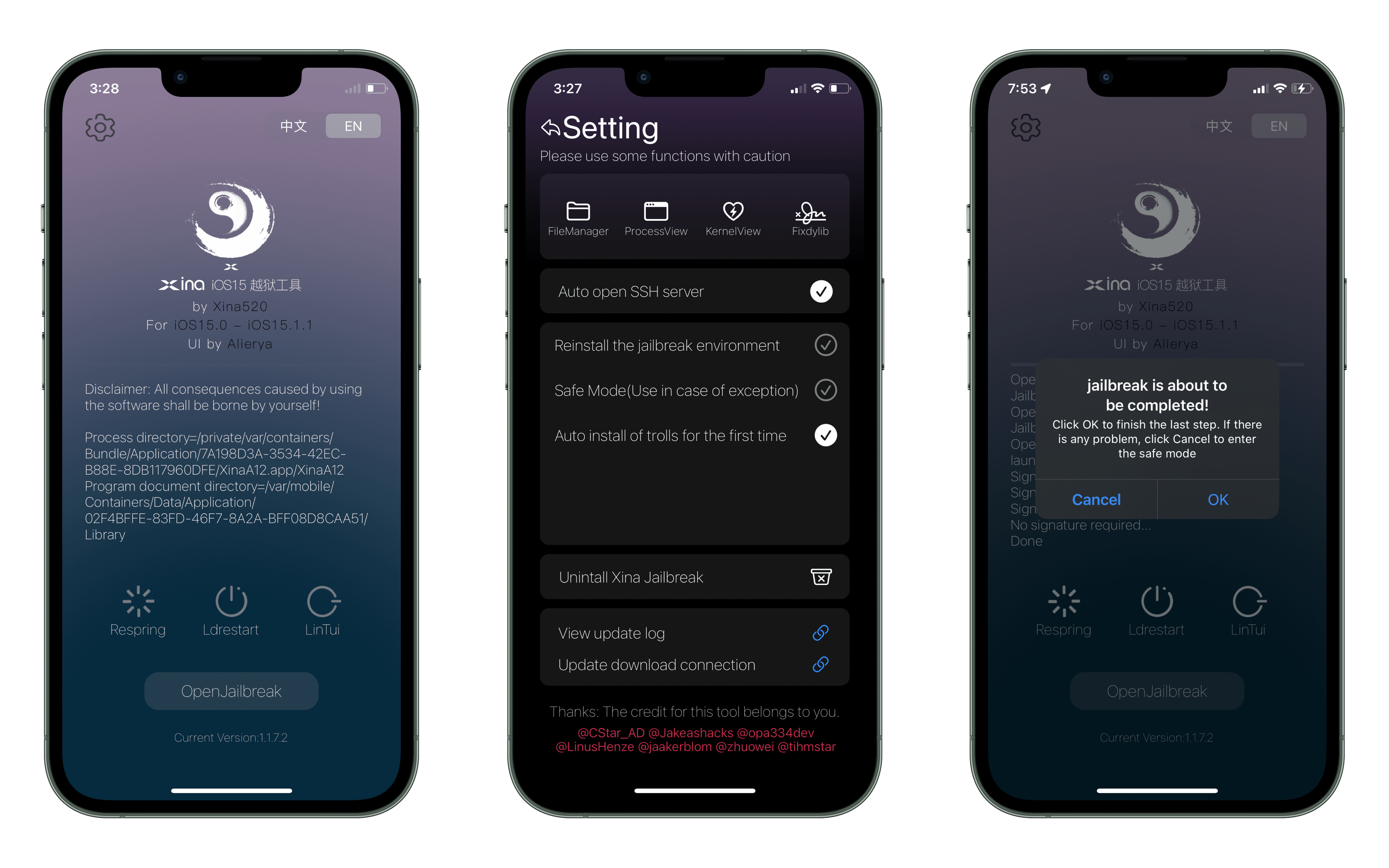 Screenshots of the XinaA15 app on the 1.1.7.2 version